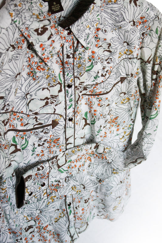 Vintage Showshirt Ranchriding Florales Hemd weiß/braun/orange Damen M/L