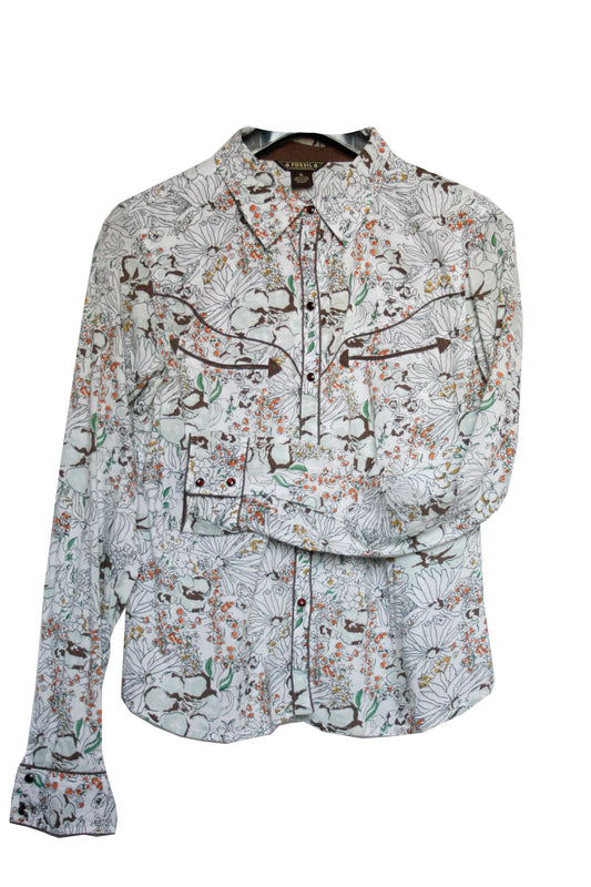 Vintage Showshirt Ranchriding Florales Hemd weiß/braun/orange Damen M/L